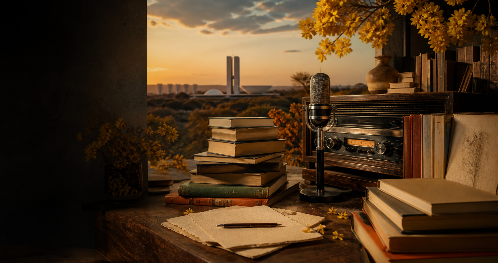 Livros, radio cultural e Brasilia ao fundo no por do sol